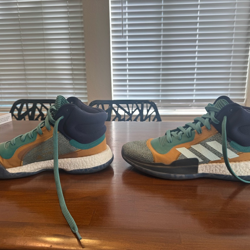 adidas Marquee Boost High Tops Blue Green and Tan Athletic Shoes - Picture 5 of 7